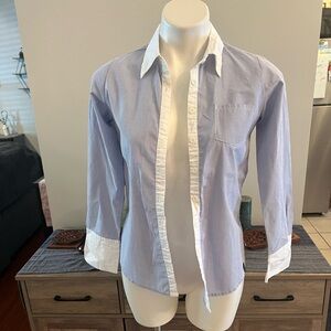 Red girl blue and white striped button down shirt